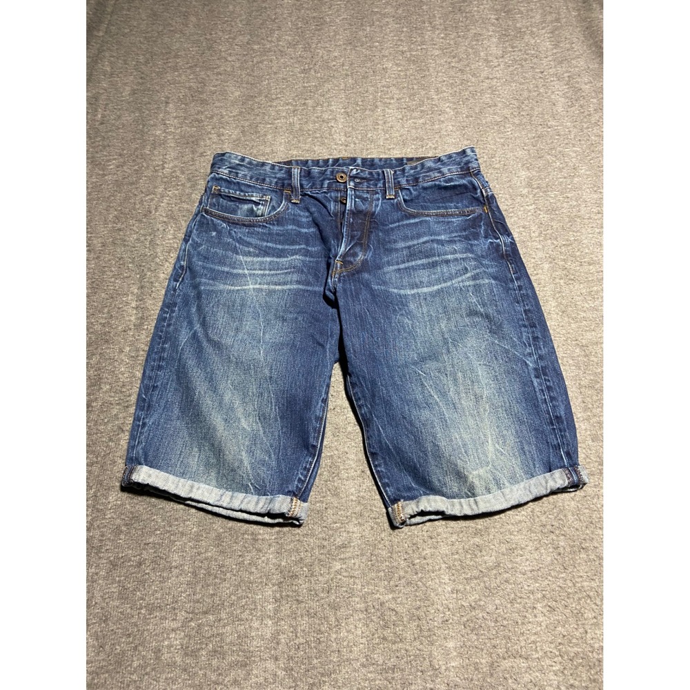 G Star Raw Button Fly Tapered Denim Shorts Blue Dark Wash Cuffed Size 32